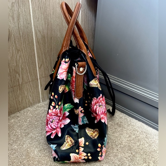 Cavalcanti Genuine Italian Leather Drawstring Cinch Tote Bag Black Floral - Picture 7 of 13